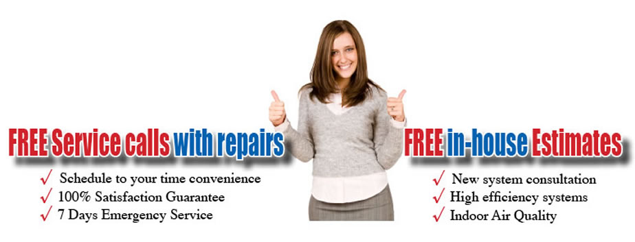 a girl smiling with thumbs up for free ac service calls with repairs and free in house estimates for new ac systems ad